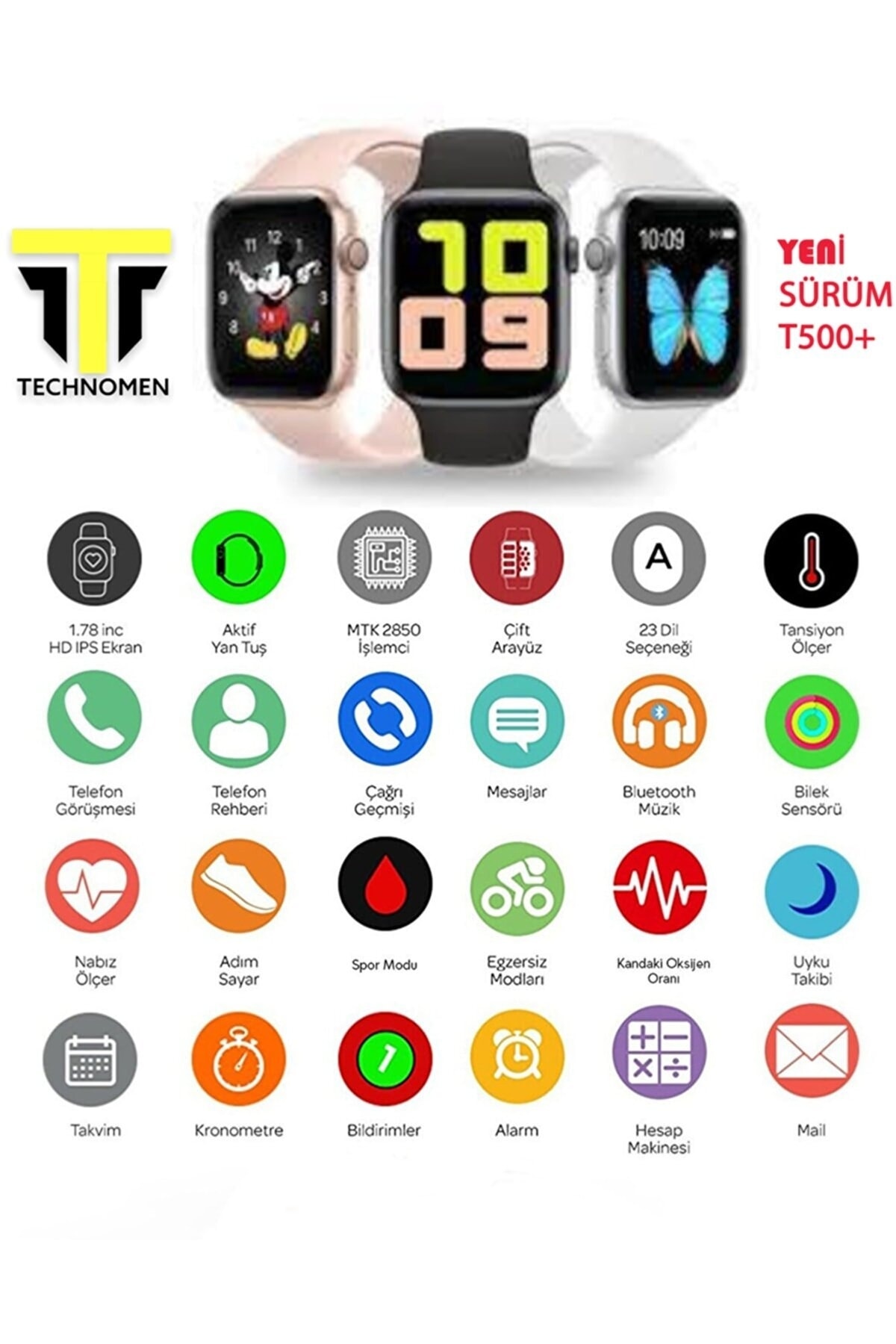 Akıllı Saat T500 Plus +   Kablosuz Kulaklık Ikili Siyah Set Ios Android Smartwatch