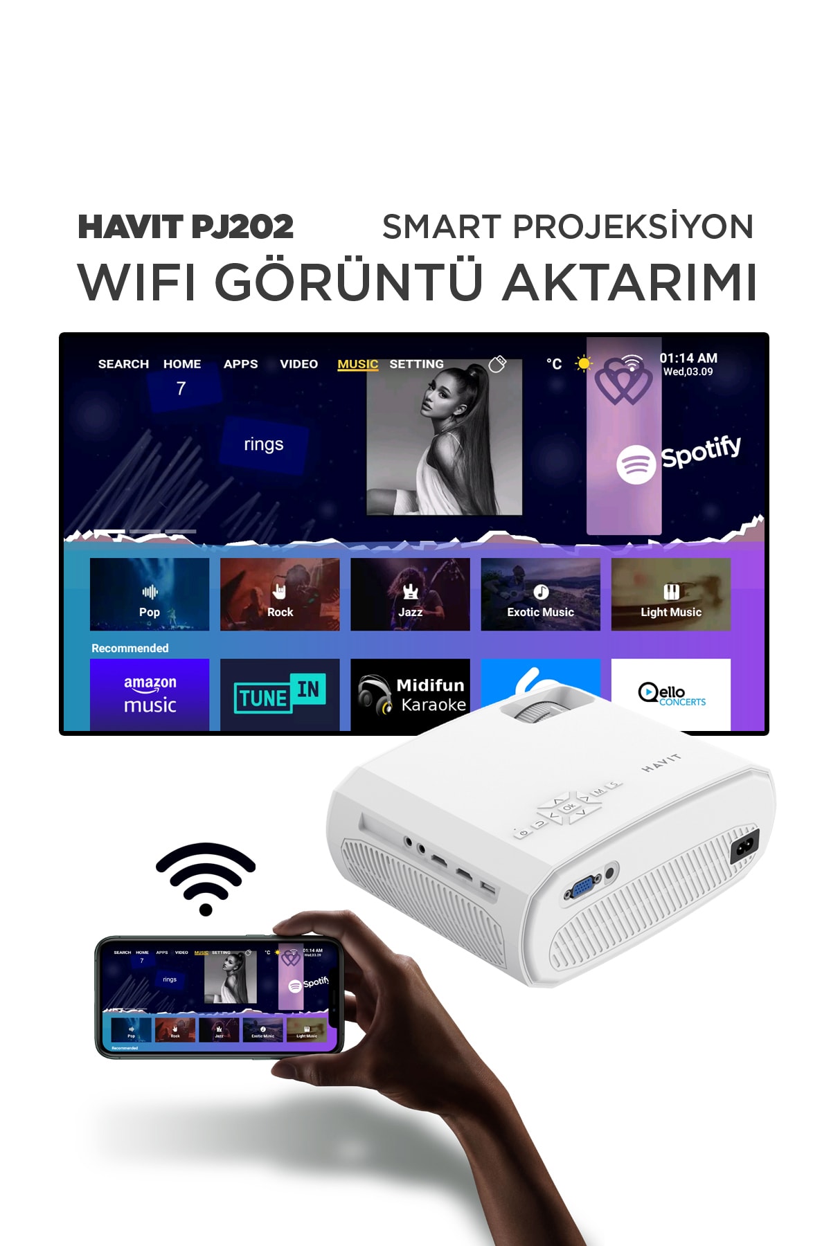 Pj202 Full Hd 1080p Taşınabilir Projeksiyon Cihazı - Wifi, 220 Ansi, Bluetotoh, Screen Mirror